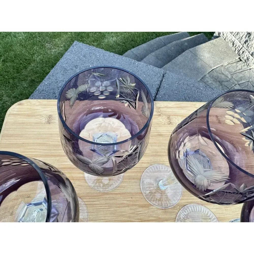Vintage Bohemian Amethyst Cut to Clear Crystal Wine Glass 8-1/2”~set Of 4